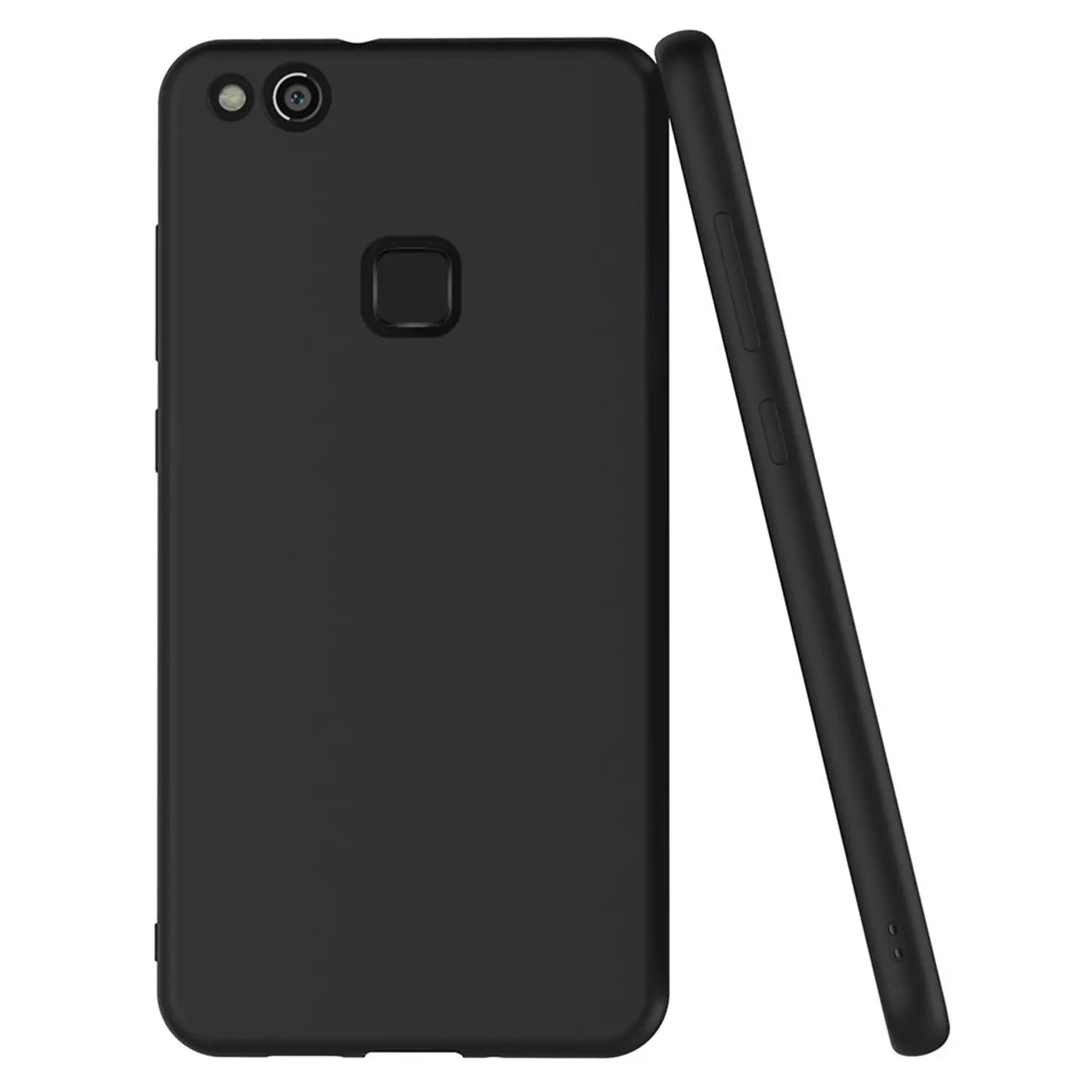 Schwarze matte Silikonhülle für Huawei P10 Lite, von hinten und seitlich gezeigt.