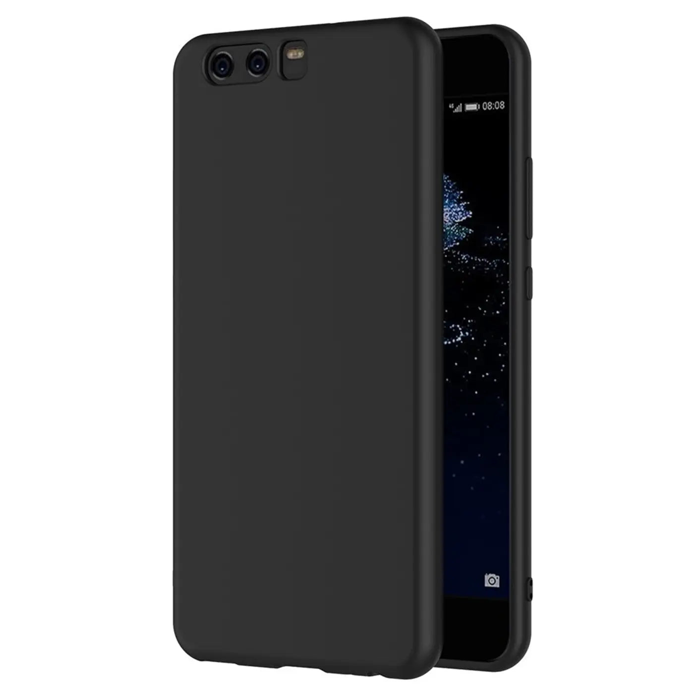 Schwarze Silikonhülle für Huawei P10, von vorne links, matt, mit sichtbarem Gerät