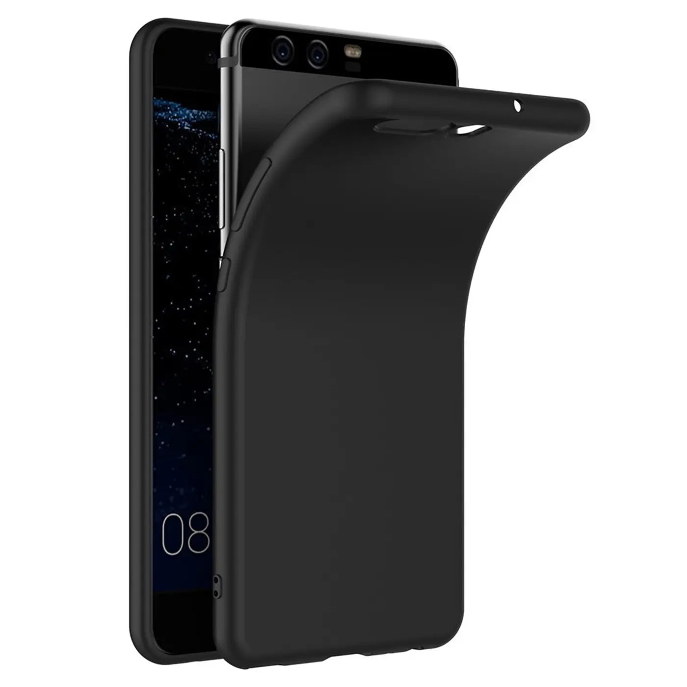 Schwarze, matte Silikonhülle, die auf ein Huawei P10 aufgesetzt wird. Seitenansicht.