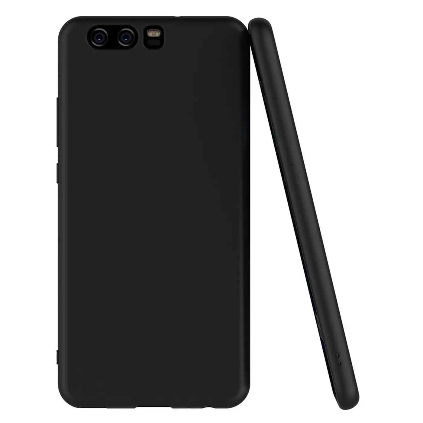 Schwarze, matte Silikonhülle für Huawei P10, von hinten und seitlich gezeigt.
