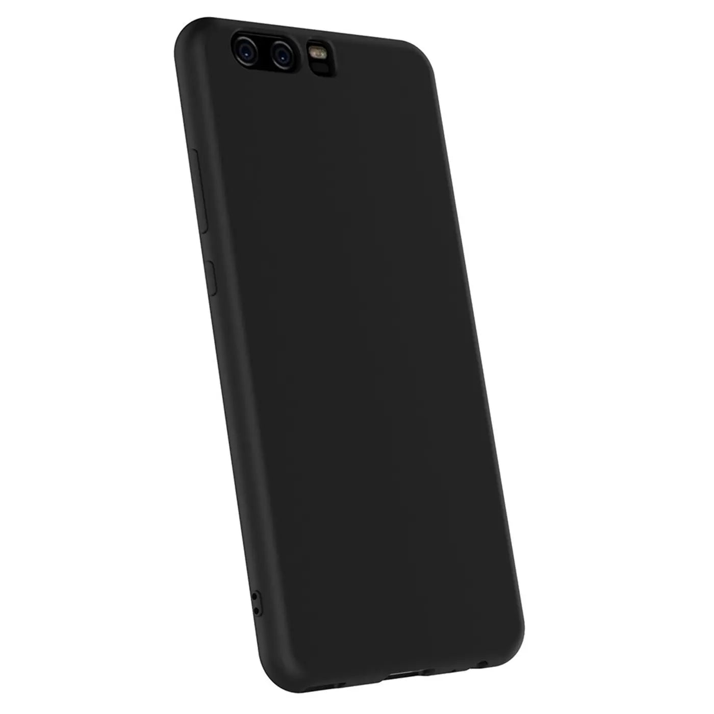 Schwarze, matte Silikonhülle für Huawei P10, von schräg oben fotografiert.