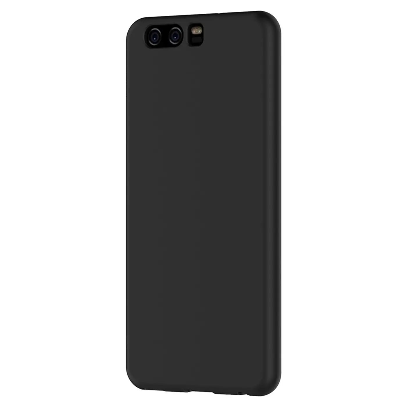Schwarze, matte Silikonhülle für Huawei P10, Rückansicht, leicht schräg.