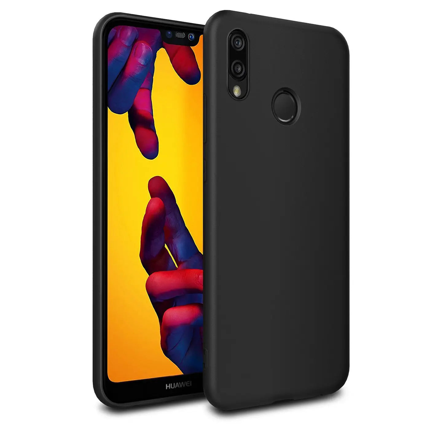 Schwarze Silikonhülle matt auf Huawei P20 Lite, Rückansicht, leicht schräg