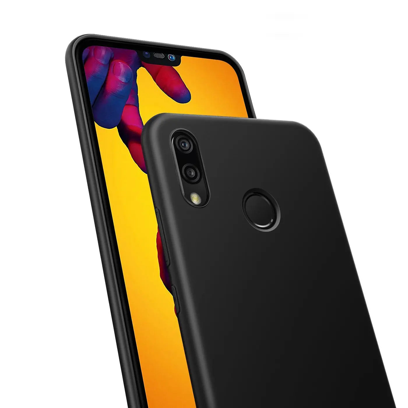 Schwarze Silikonhülle auf Huawei P20 Lite, Rückansicht, Nahaufnahme