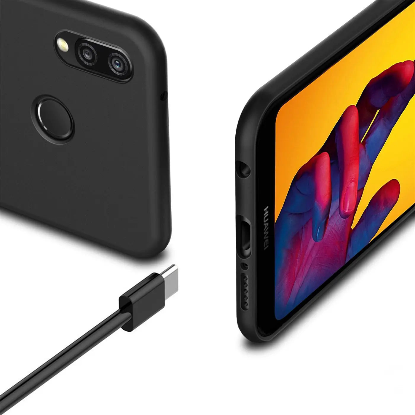Schwarze Silikonhülle für Huawei P20 Lite, Rückseite und Seite, mit USB-C-Kabel