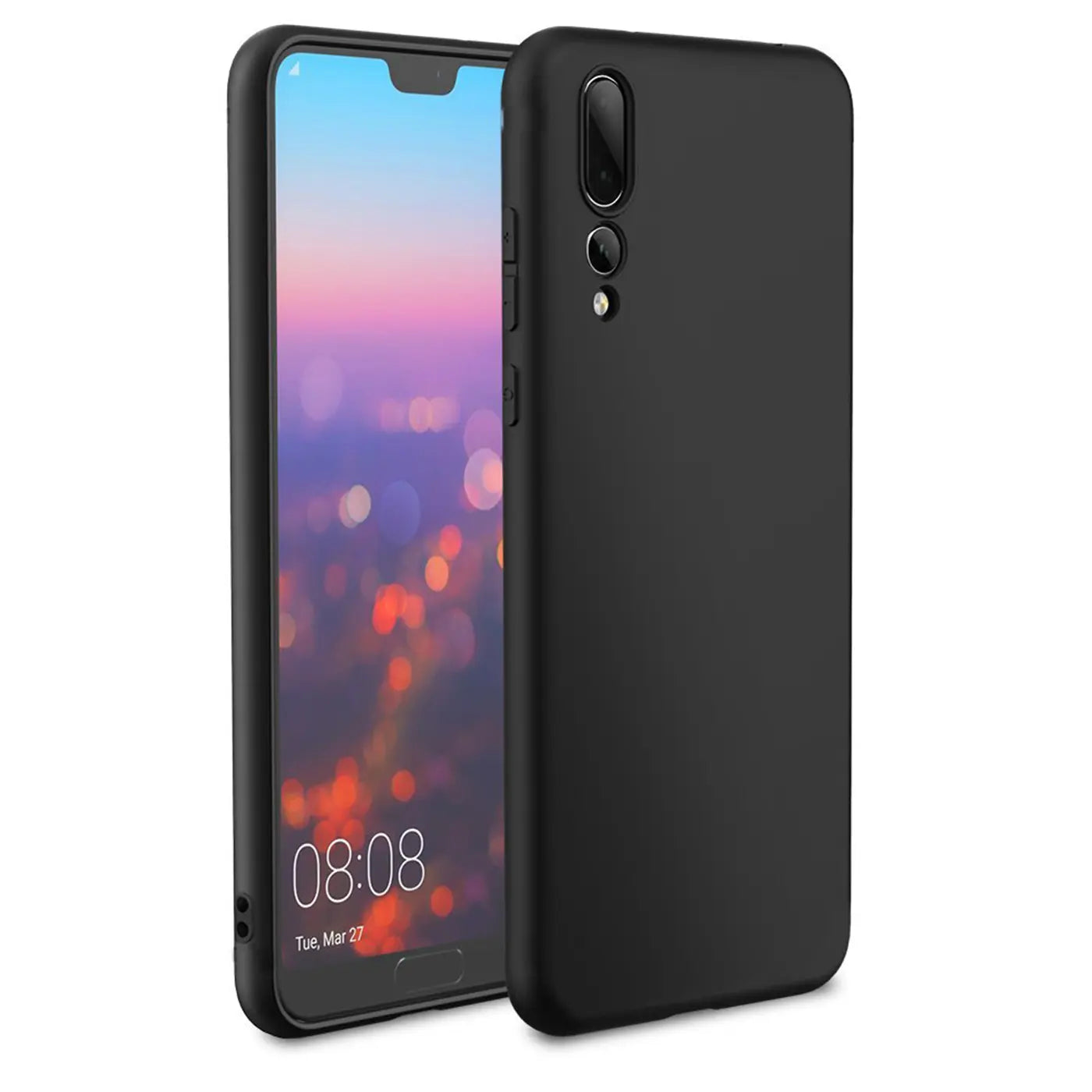 Schwarze matte Silikonhülle für Huawei P20 Pro, von vorne links gezeigt.