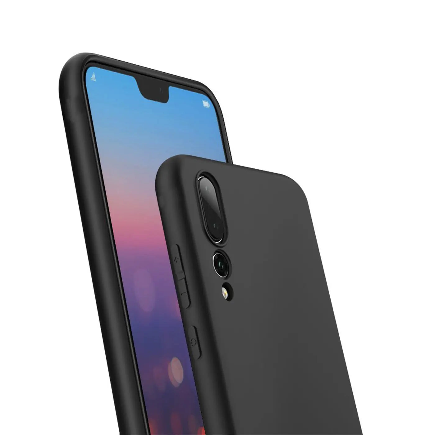Schwarze Silikonhülle für Huawei P20 Pro, von schräg vorne gesehen, matt.