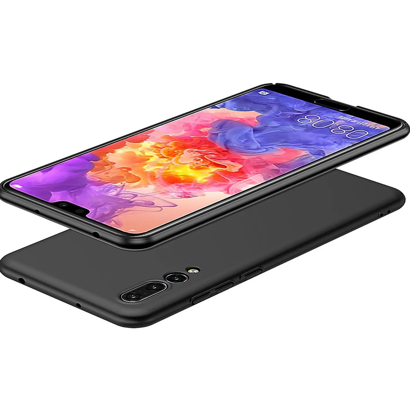 Schwarze, matte Silikonhülle für Huawei P20 Pro, von oben/seitlich gezeigt.