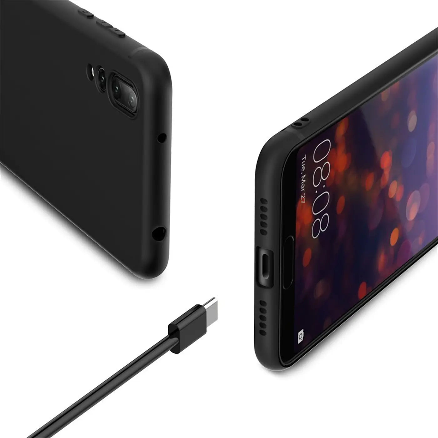 Schwarze Silikonhülle für Huawei P20 Pro, von schräg oben und seitlich gezeigt. USB-C-Kabel.