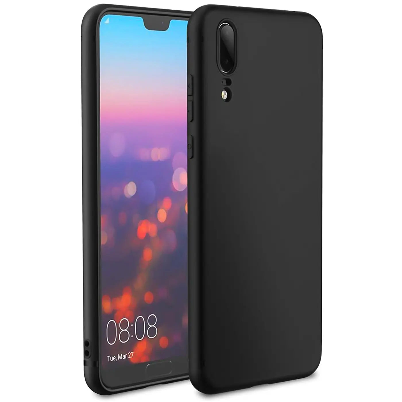 Schwarze Silikonhülle mit mattem Finish für Huawei P20, von vorne schräg gezeigt.