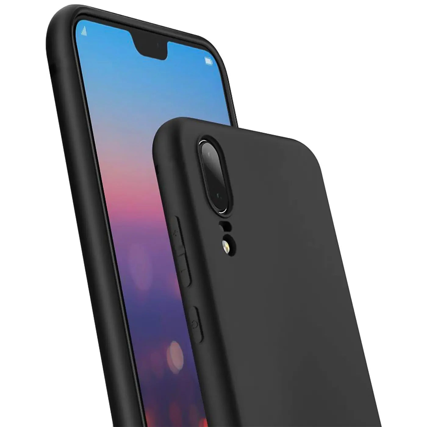 Schwarze Silikonhülle für Huawei P20, von schräg vorne gezeigt.