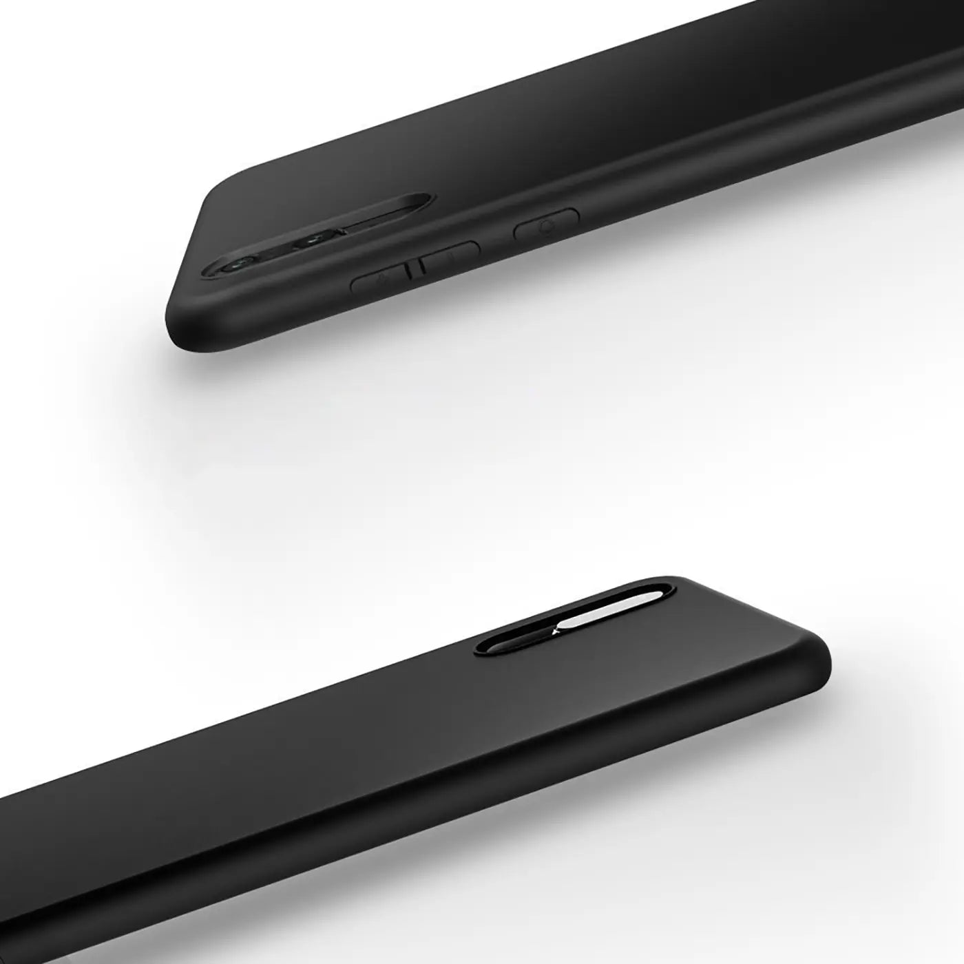 Schwarze, matte Silikonhülle für Huawei P20, von oben und unten gezeigt, Seitenansicht.