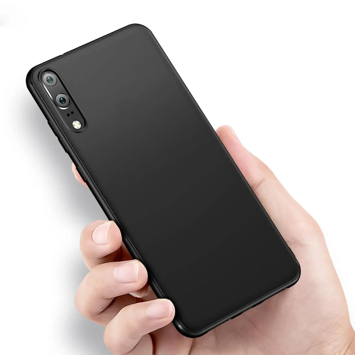 Schwarze Silikonhülle matt, von oben links, auf Huawei P20.