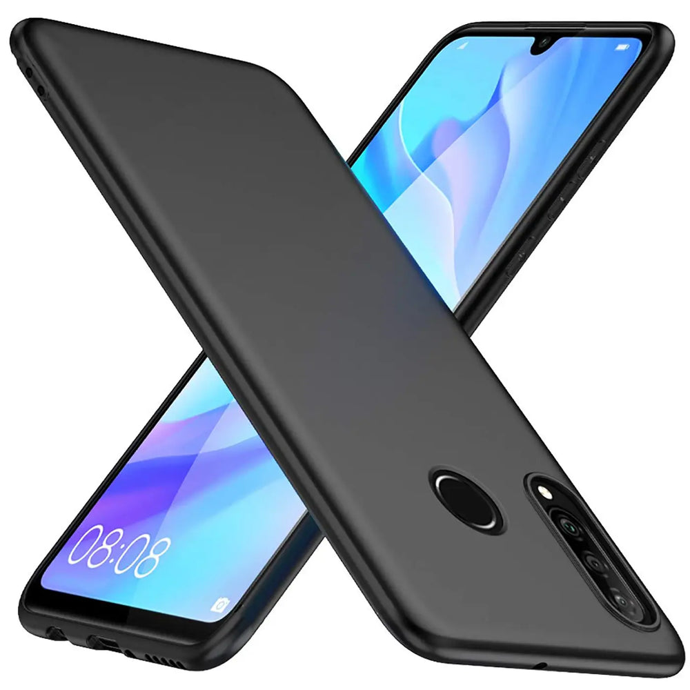 Schwarze Silikonhülle auf Huawei P30 Lite, von schräg oben, matt.