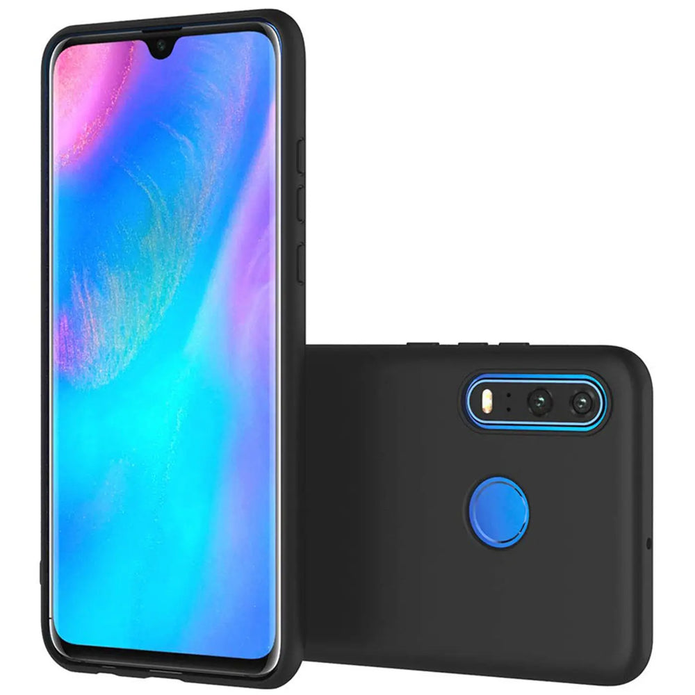 Schwarze Silikonhülle, matt, für Huawei P30 Lite, Vorder- und Rückansicht.