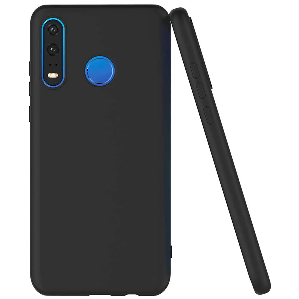 Schwarze, matte Silikonhülle für Huawei P30 Lite, Rückansicht und Seitenansicht.