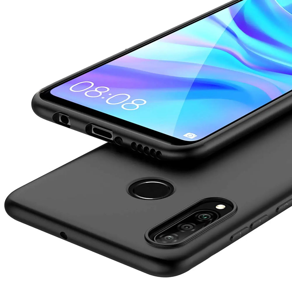 Schwarze Silikonhülle für Huawei P30 Lite, von vorne und hinten gezeigt, matt, aus Silikon.