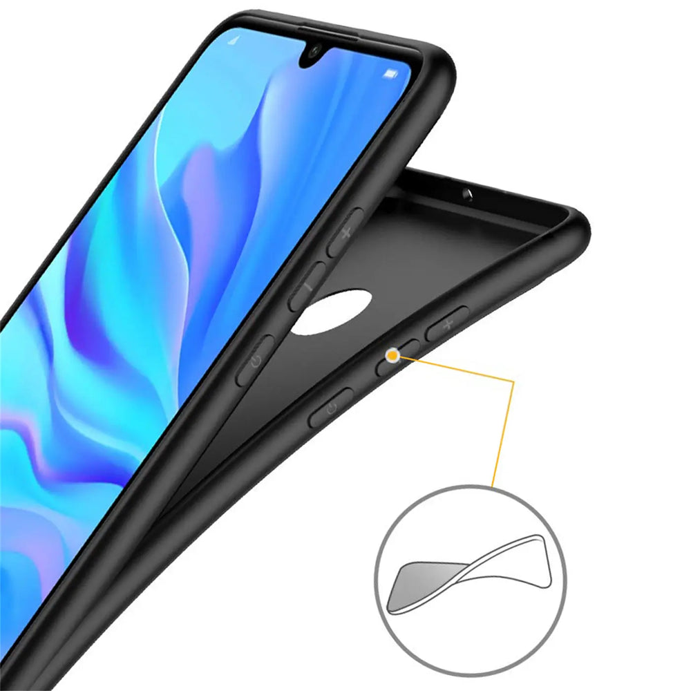 Schwarze Silikonhülle matt, Seitenansicht, Huawei P30 Lite.