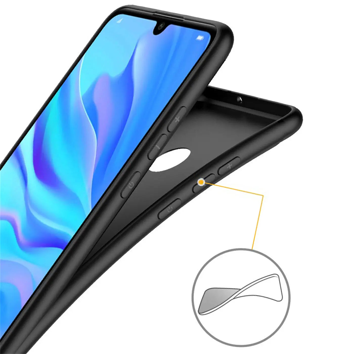 Schwarze Silikonhülle matt, Seitenansicht, Huawei P30 Lite.
