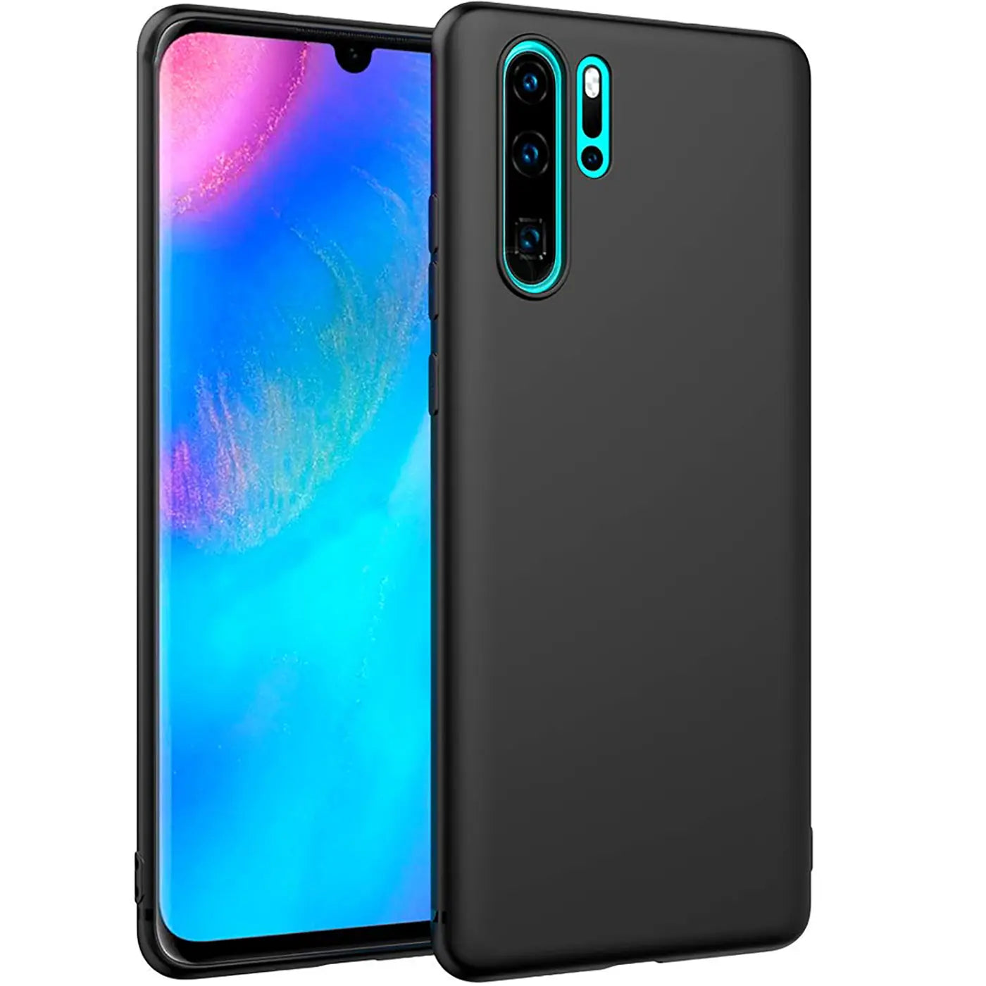 Schwarze Silikonhülle matt, von vorne links, Huawei P30 Pro sichtbar.