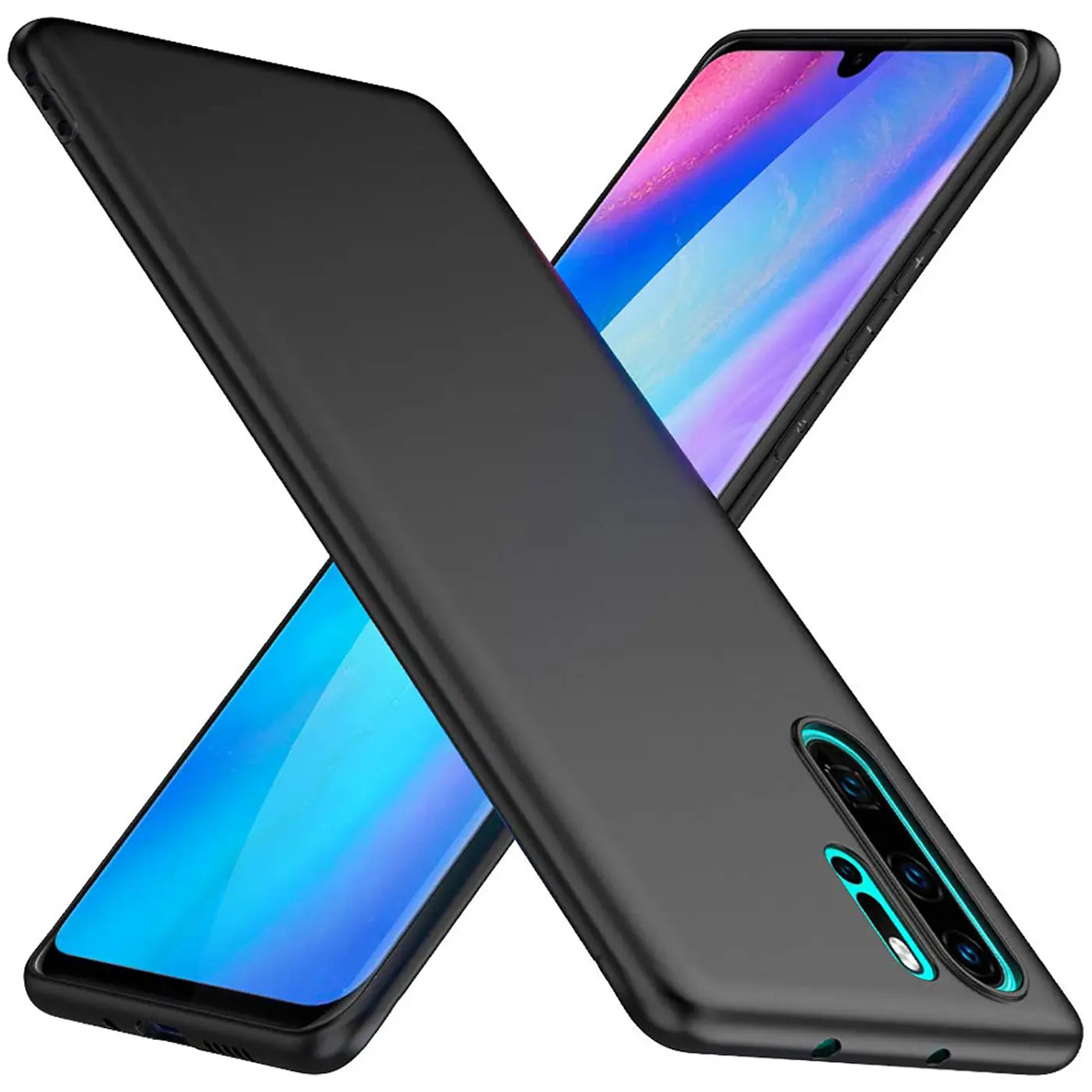 Schwarze matte Silikonhülle auf Huawei P30 Pro, von schräg oben