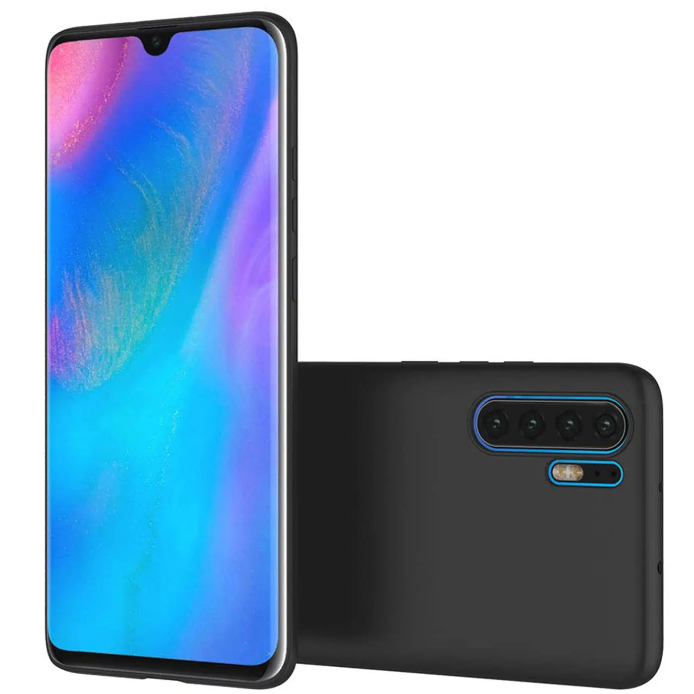 Schwarze Silikonhülle für Huawei P30 Pro, von hinten, matt, mit Kameraaussparung.