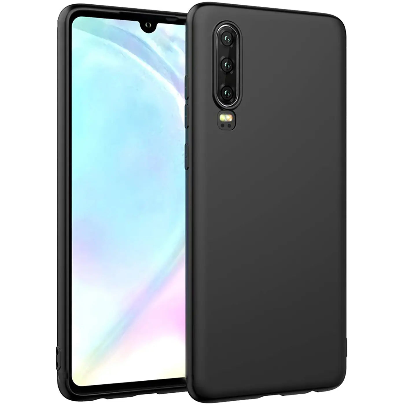 Schwarze, matte Silikonhülle für Huawei P30, von vorne links, mit Display.