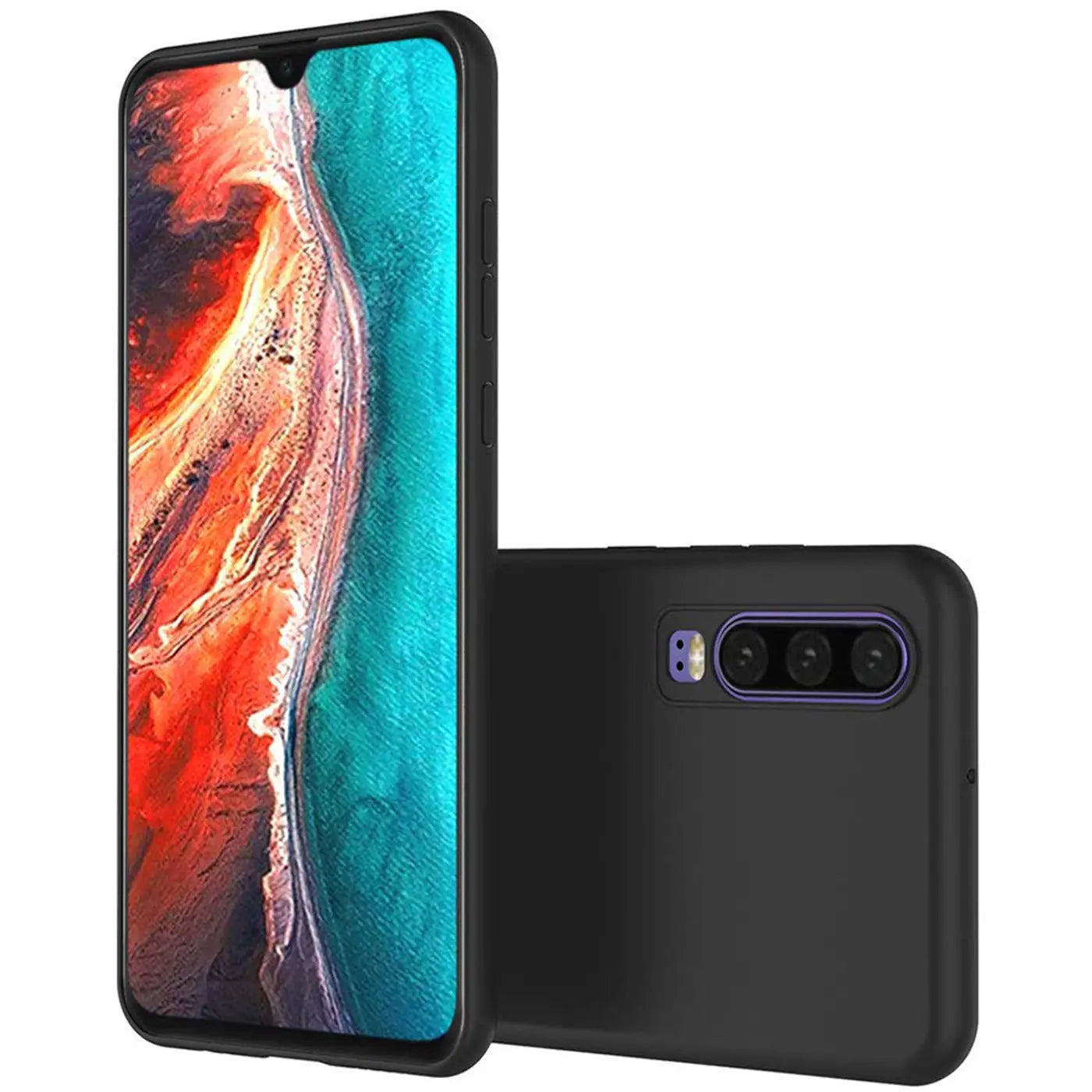 Schwarze Silikonhülle für Huawei P30, matt, von hinten und von der Seite gezeigt.