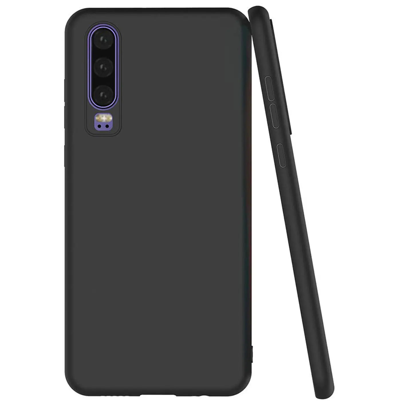 Schwarze matte Silikonhülle für Huawei P30, Rückansicht und Seitenansicht.