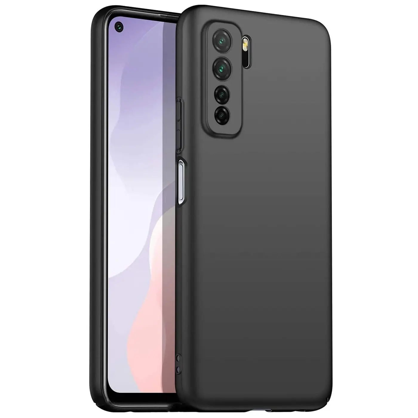 Schwarze Silikonhülle matt auf Huawei P40 Lite 5G, Rückansicht, leicht schräg.