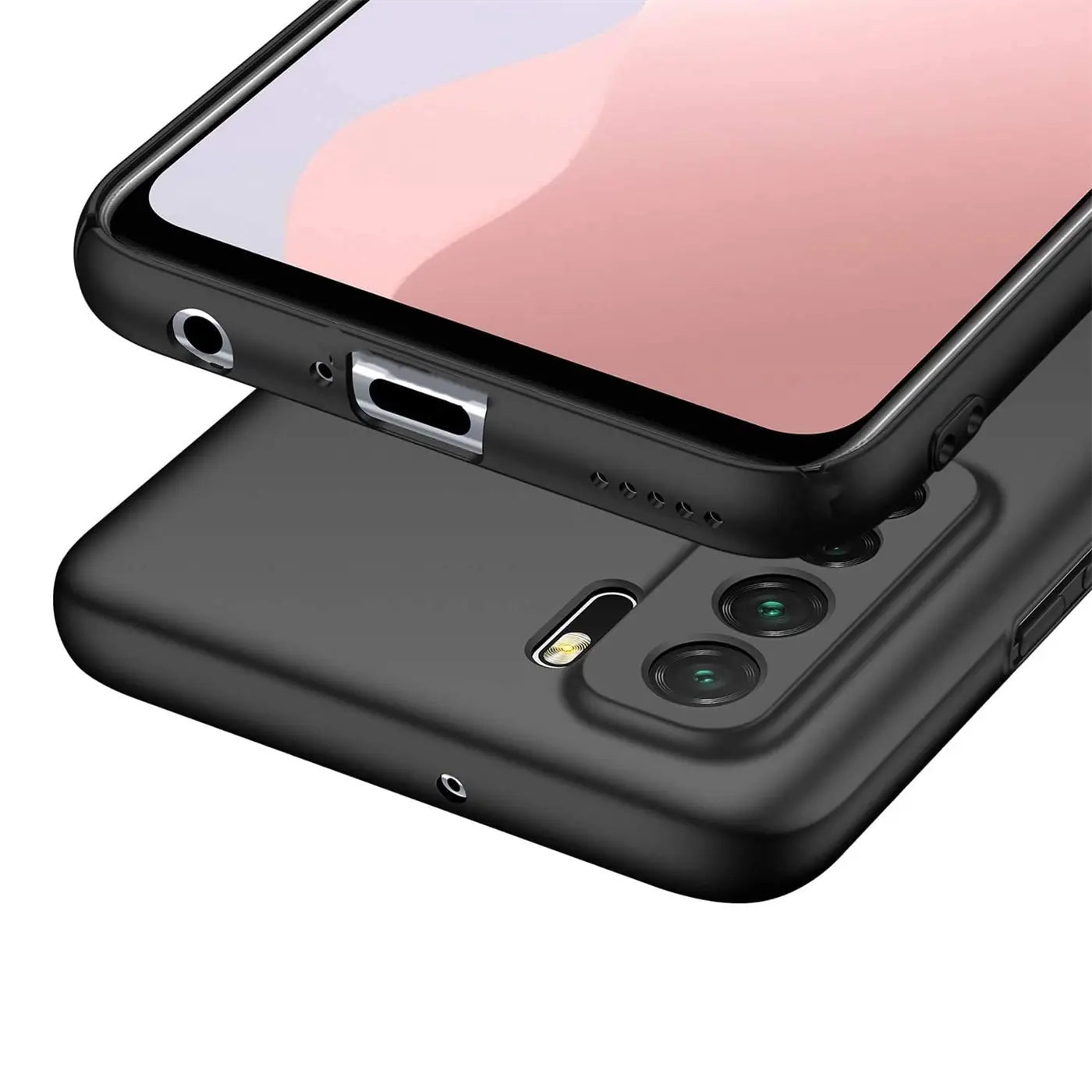 Schwarze matte Silikonhülle für Huawei P40 Lite 5G, Nahaufnahme von unten.