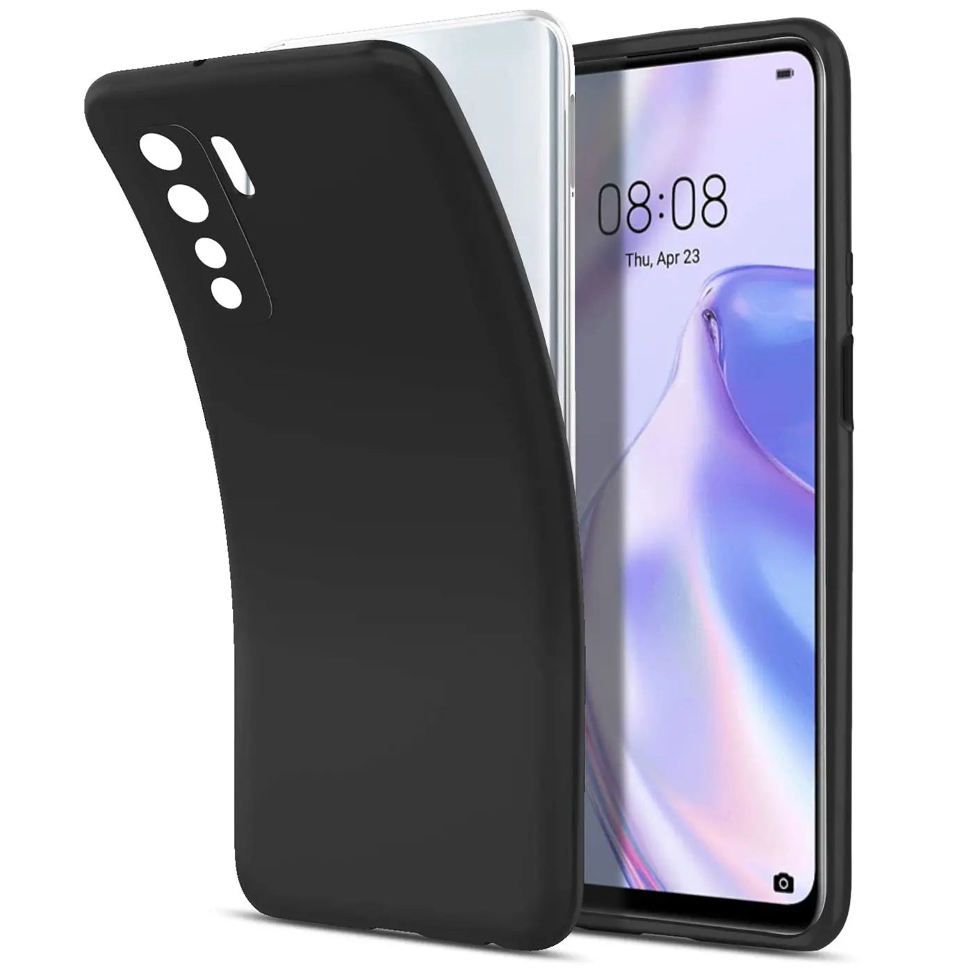 Schwarze Silikonhülle für Huawei P40 Lite 5G, von vorne links, matt.