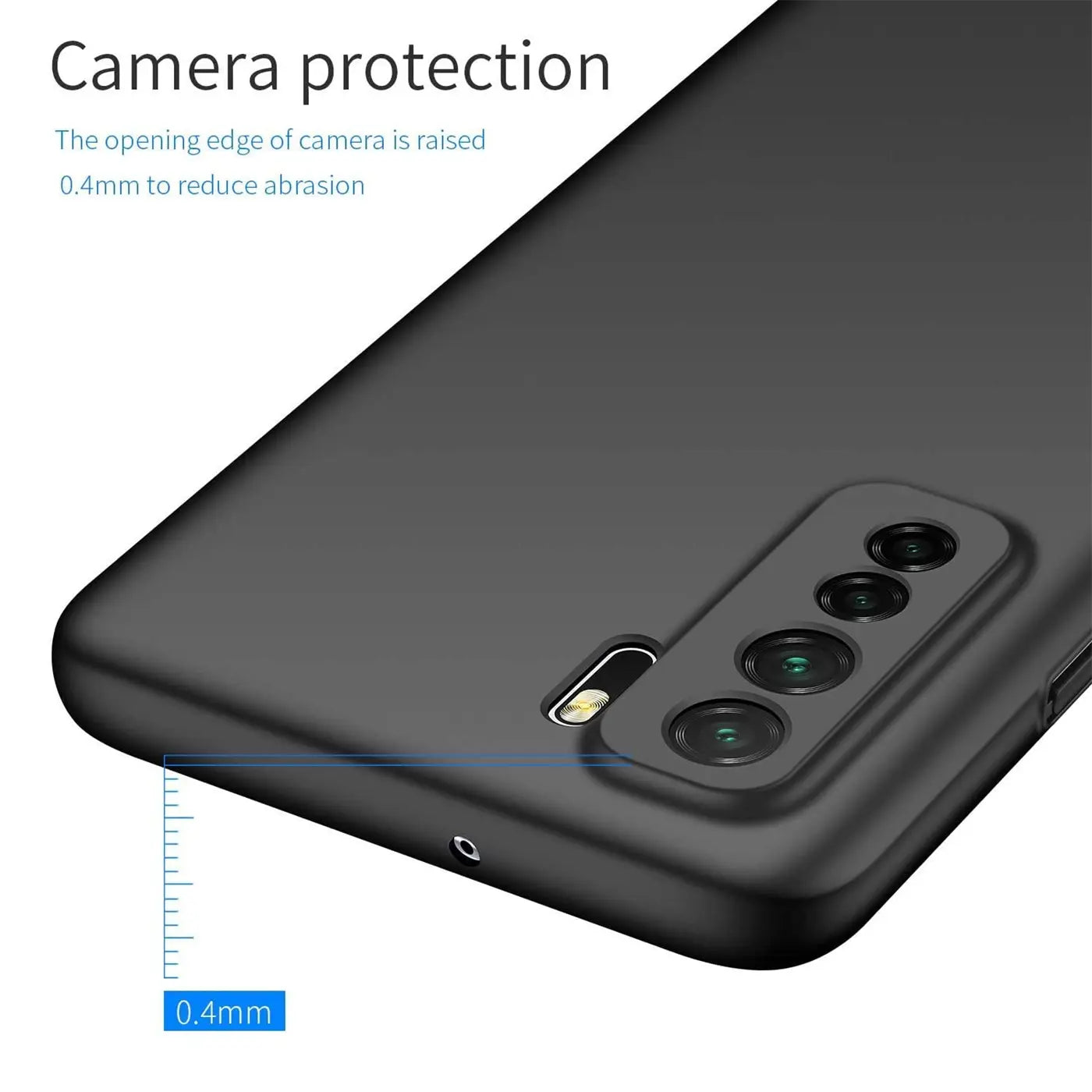 Schwarze matte Silikonhülle auf Huawei P40 Lite 5G, Nahaufnahme der Kamera, Perspektive von oben.