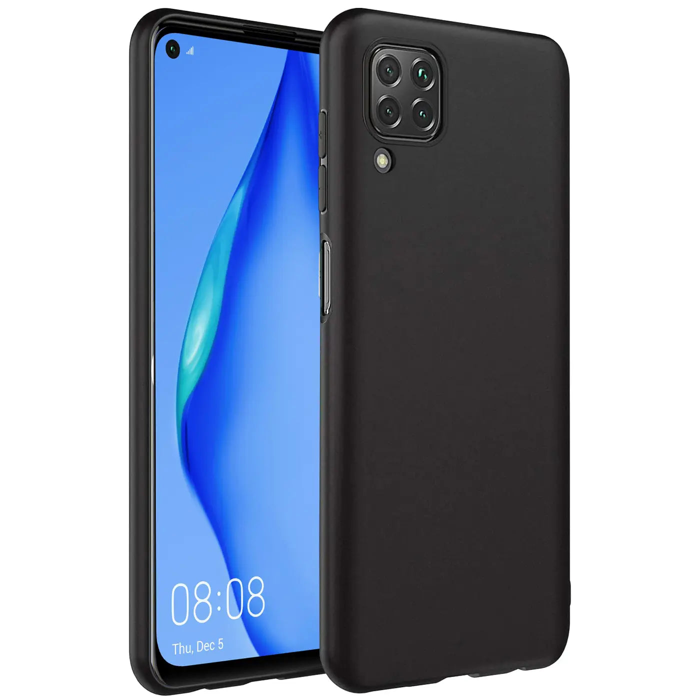 Schwarze Silikonhülle für Huawei P40 Lite, von vorne links, matt.