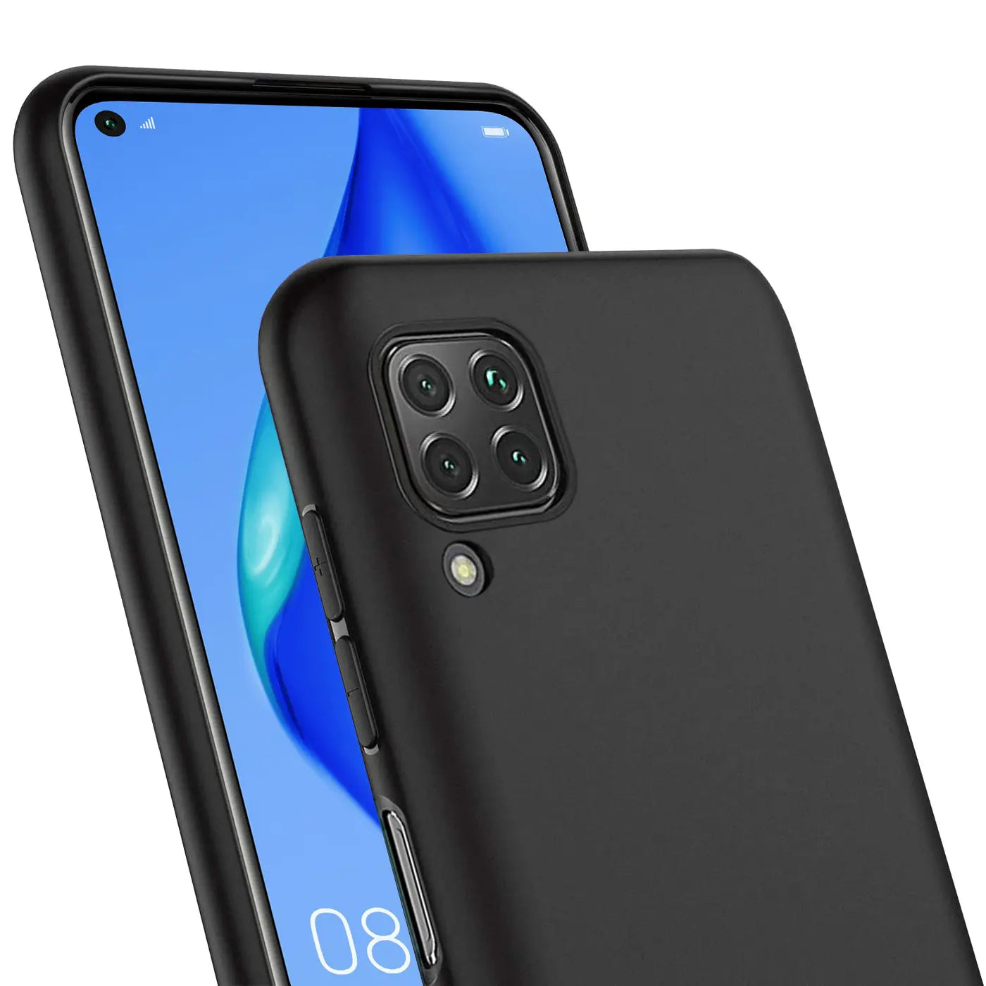 Schwarze Silikonhülle für Huawei P40 Lite, von hinten, matt, mit Kameramodul