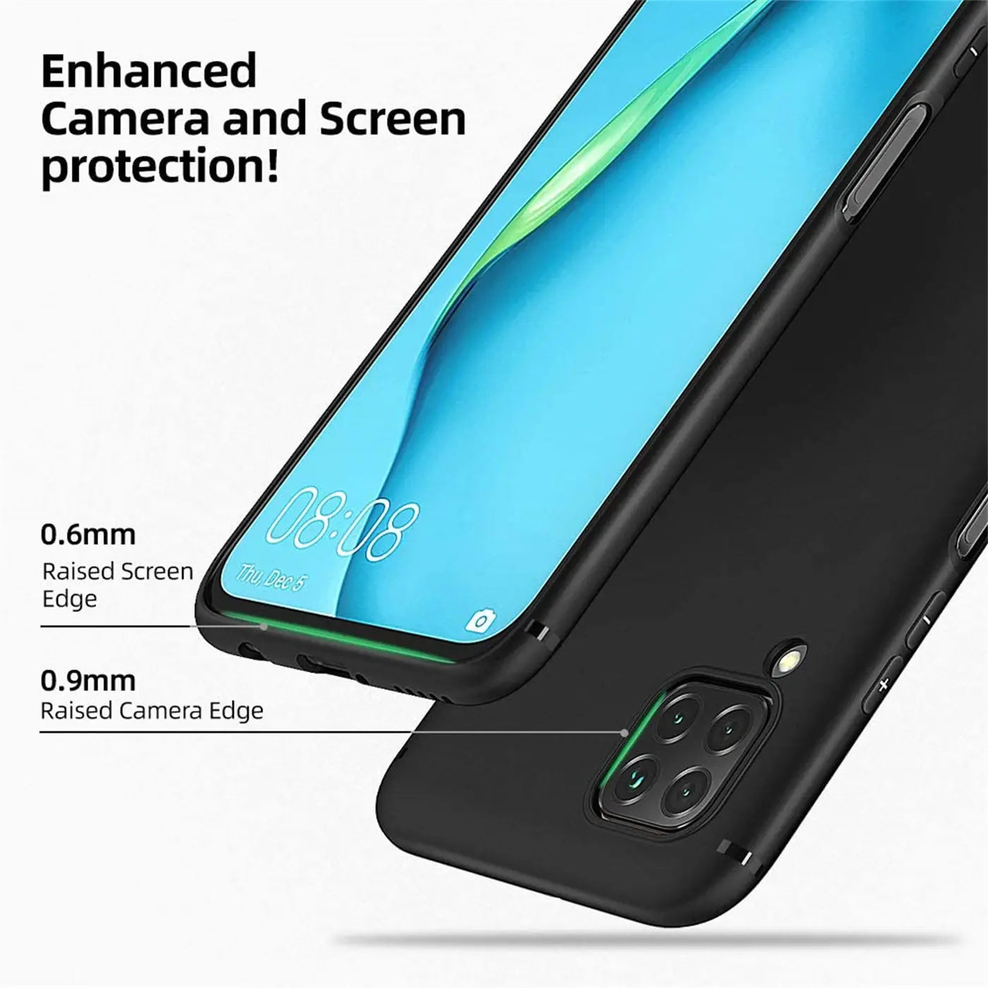Schwarze Silikonhülle, matt, von oben/seitlich, Huawei P40 Lite mit Kamera- und Bildschirmrand.
