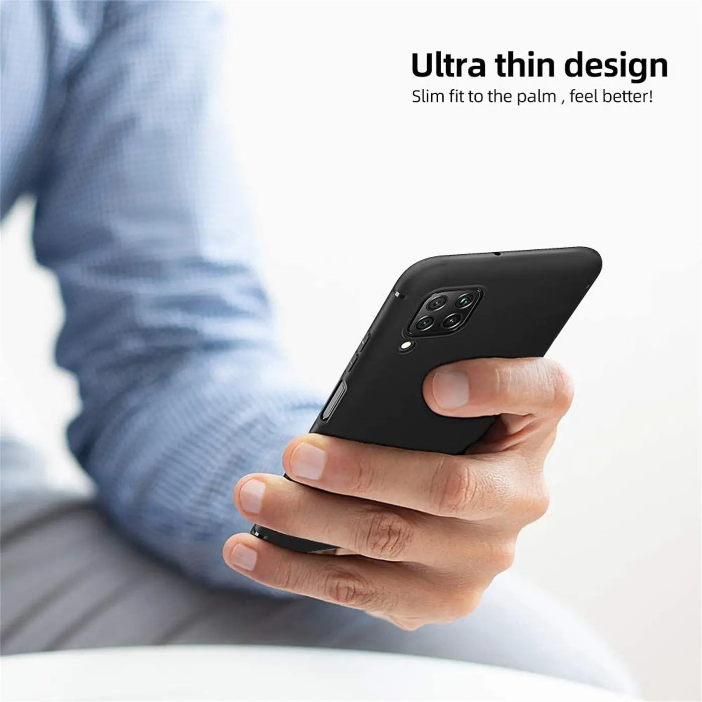 Schwarze Silikonhülle an Huawei P40 Lite, von vorne links betrachtet.