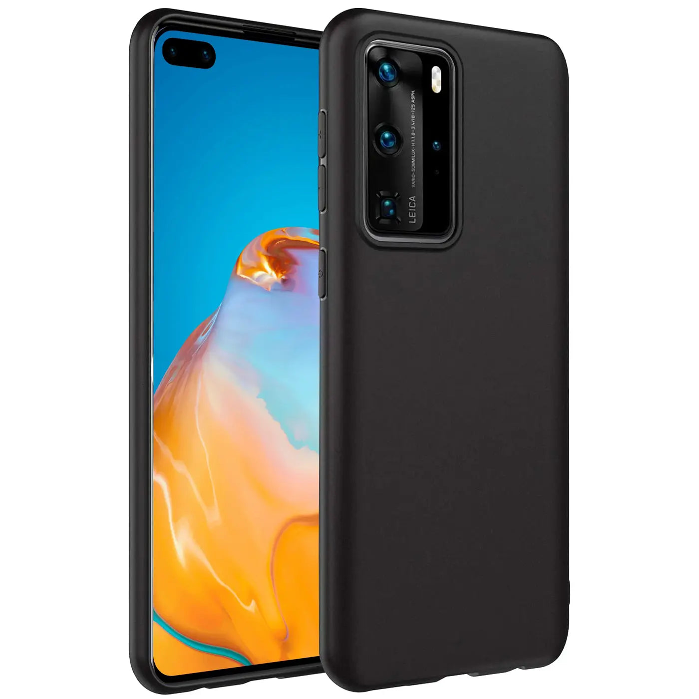 Schwarze Silikonhülle um ein Huawei P40 Pro, von schräg vorne gesehen.