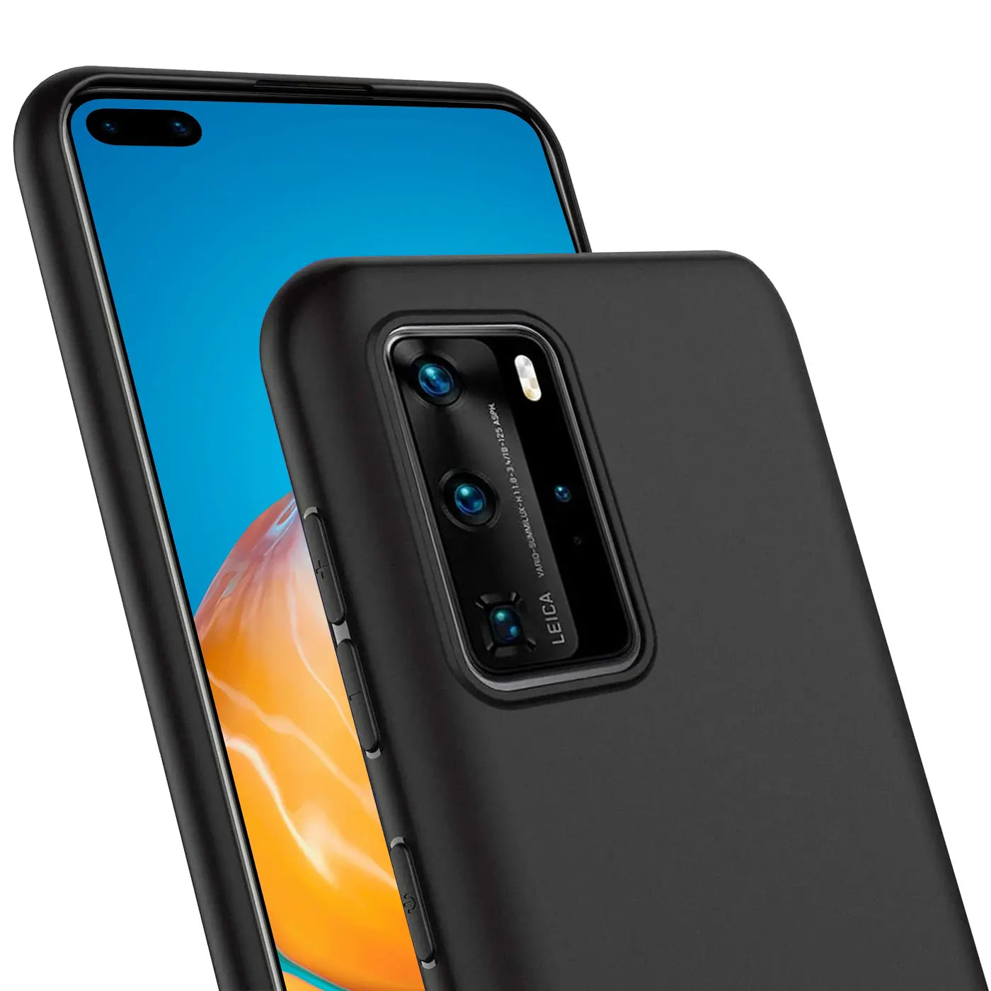 Schwarze matte Silikonhülle auf Huawei P40 Pro, Rückansicht, Nahaufnahme.