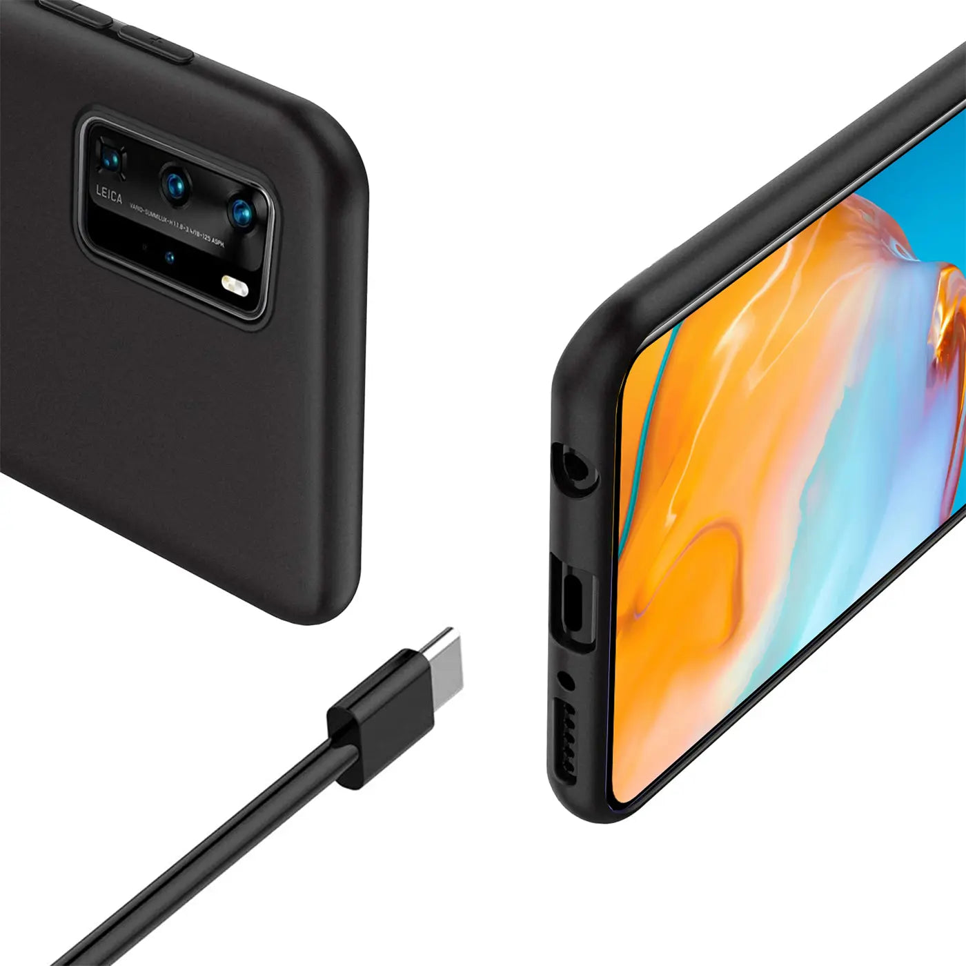 Schwarze Silikonhülle für Huawei P40 Pro, Rückseite und Seite mit USB-C-Kabel