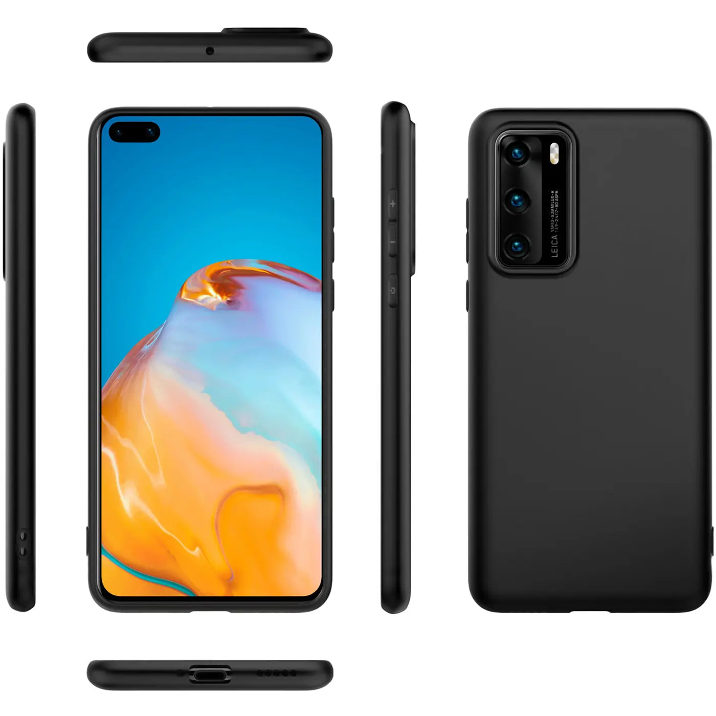 Schwarze Silikonhülle für Huawei P40 Pro, matt, von vorne, Seite, Rückseite, oben, unten