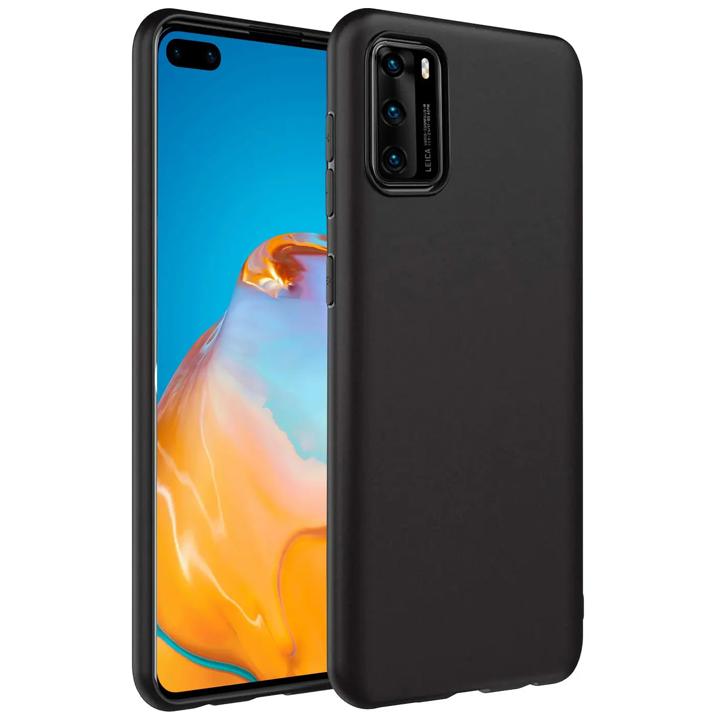 Schwarze matte Silikonhülle für Huawei P40, von vorne links, Nahaufnahme
