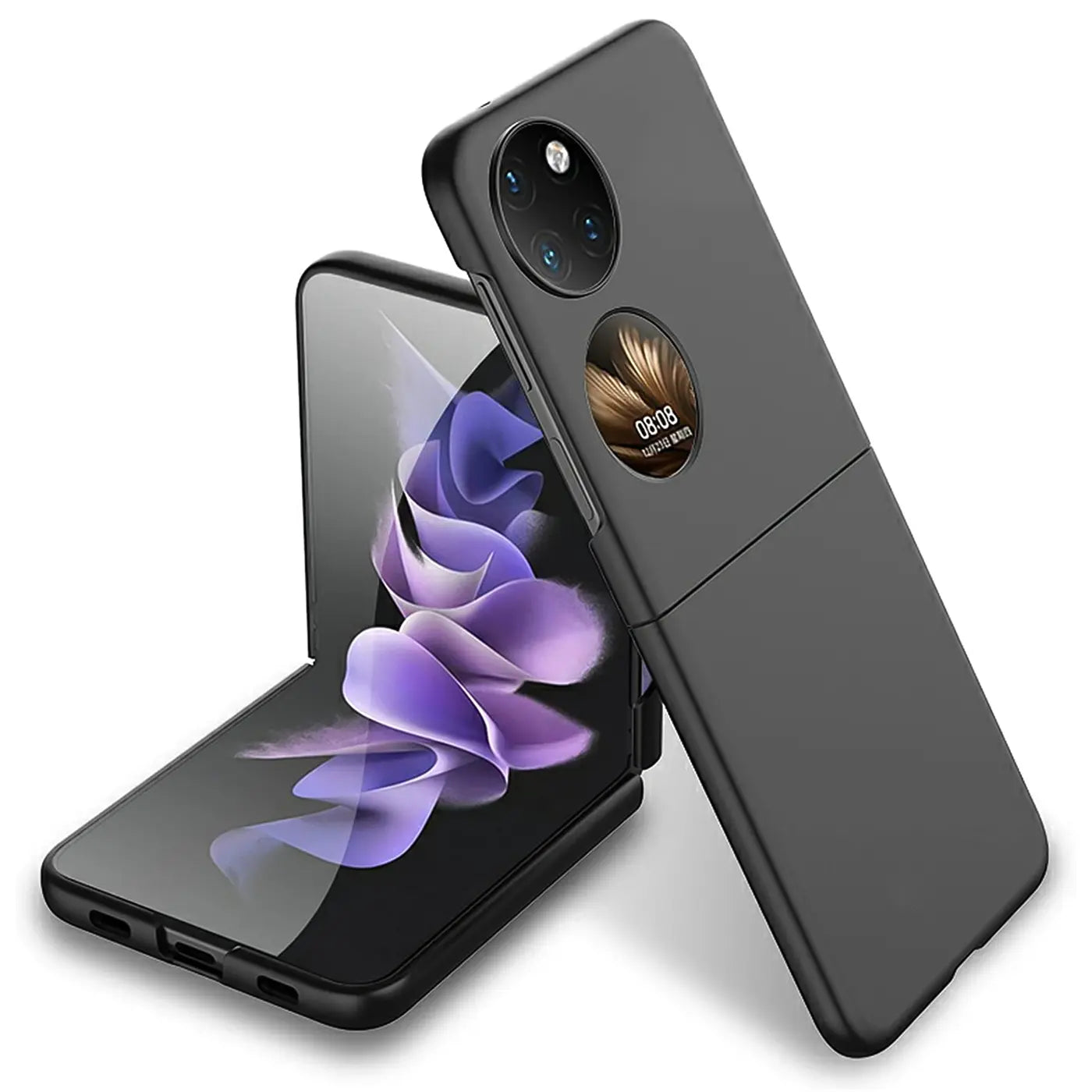 Schwarze matte Silikonhülle für Huawei P50 Pocket, von schräg oben, aufgeschlagenes Handy sichtbar.