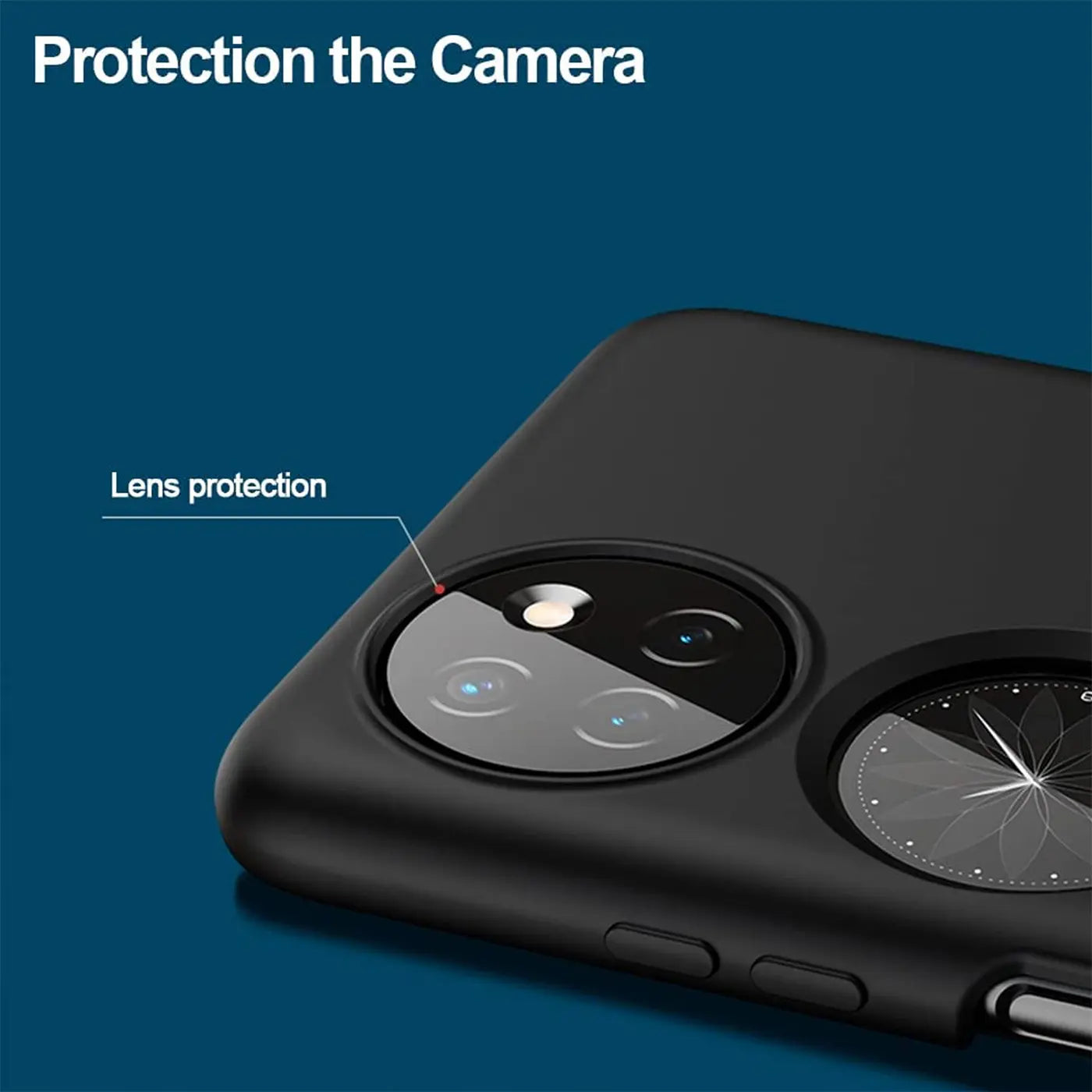 Schwarze Silikonhülle für Huawei P50 Pocket, Nahaufnahme der Kamera, von oben rechts