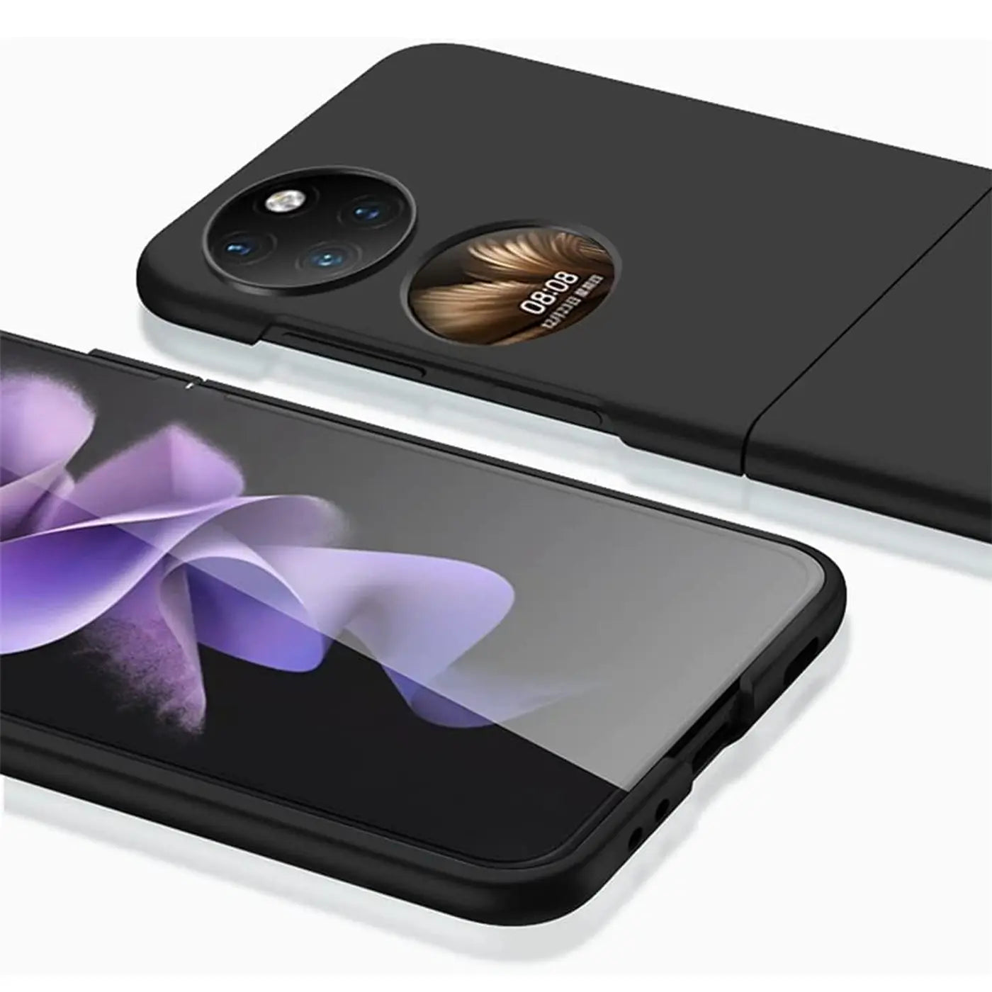 Schwarze Silikonhülle für Huawei P50 Pocket, matt, von oben, mit offenem Display.