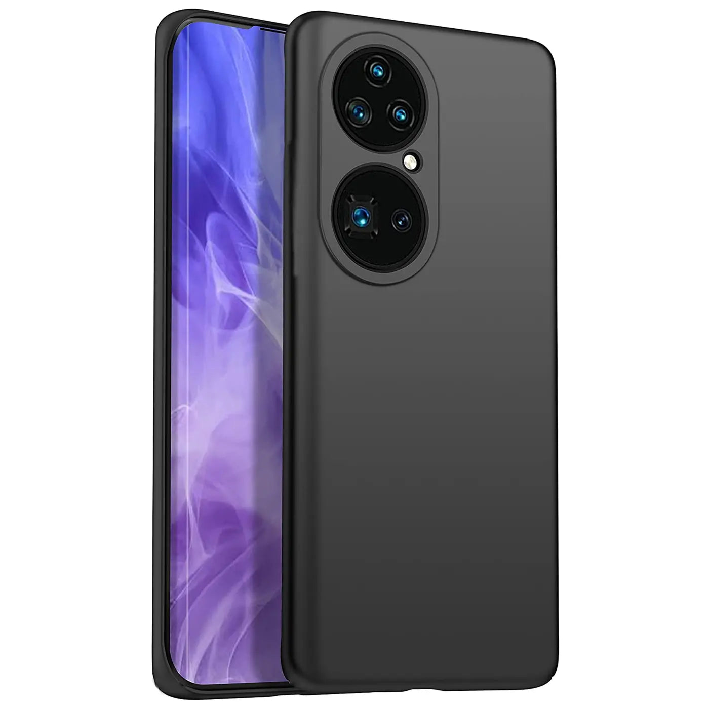 Schwarze Silikonhülle matt, von schräg vorne, zeigt Huawei P50 Pro mit Kamera.