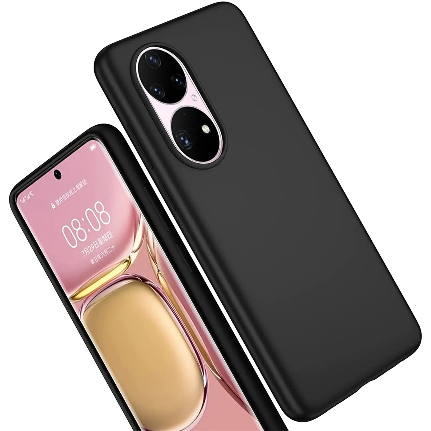 Schwarze Silikonhülle matt, von oben schräg fotografiert, zeigt Huawei P50 Pro.