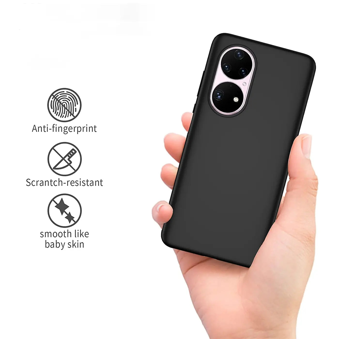 Schwarze Silikonhülle matt, von hinten, auf Huawei P50 Pro montiert.