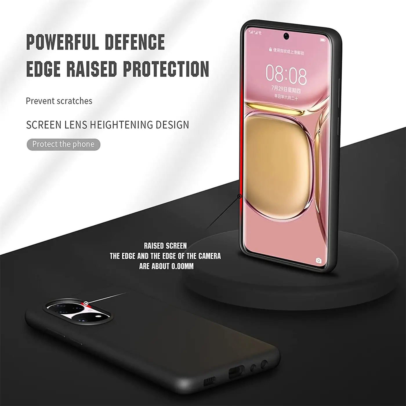 Schwarze Silikonhülle für Huawei P50 Pro, von oben/seitlich, matt.