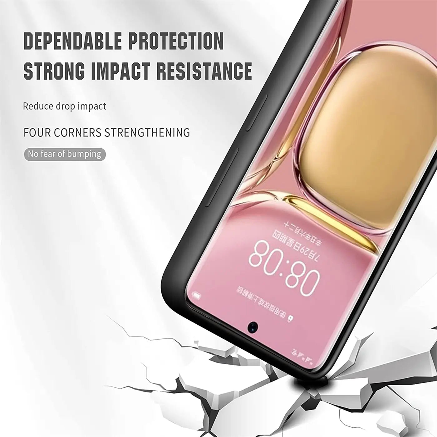 Schwarze Silikonhülle für Huawei P50 Pro, von schräg oben gezeigt, mit Display.